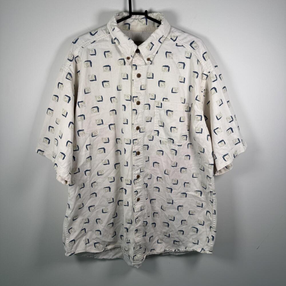 Woolrich Shirt Mens XL White Geometric Short Sleeve 100% Cotton Button Front